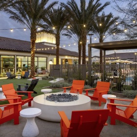 Enjoy our resident-only features outdoor fire pit with chairs around it